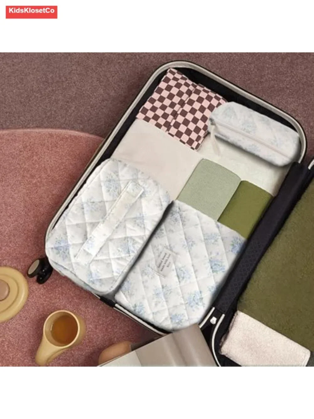 Quilted Cotton Makeup Bag Set Travel Cosmetic Pouch Cute Floral Toiletry Case